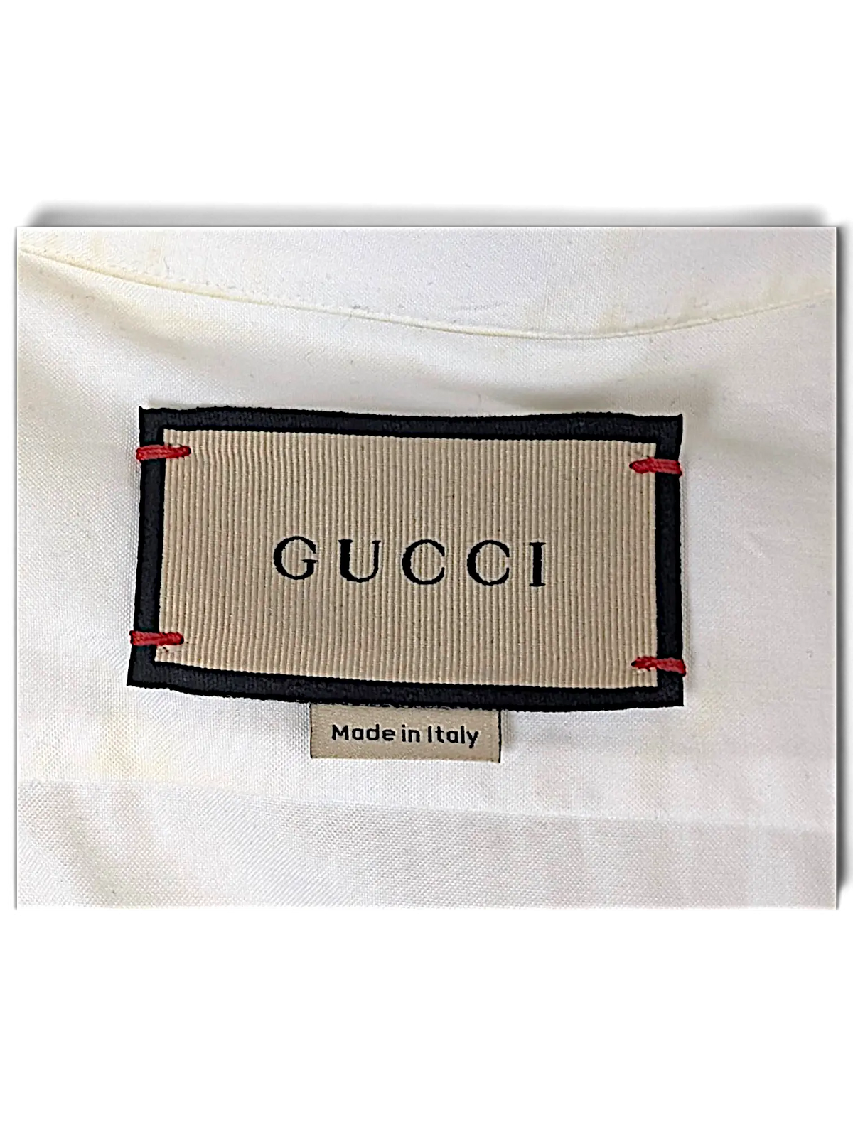 JAKE & IPI Gucci shirt white fabric label with red stitching details and Made in Italy tag