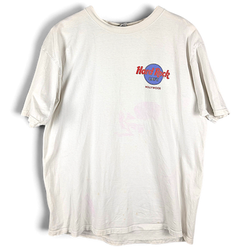 JAKE & IPI vintage Hard Rock Cafe Hollywood 1996 valkoinen puuvillainen t-paita, jossa on sininen ja punainen logo.