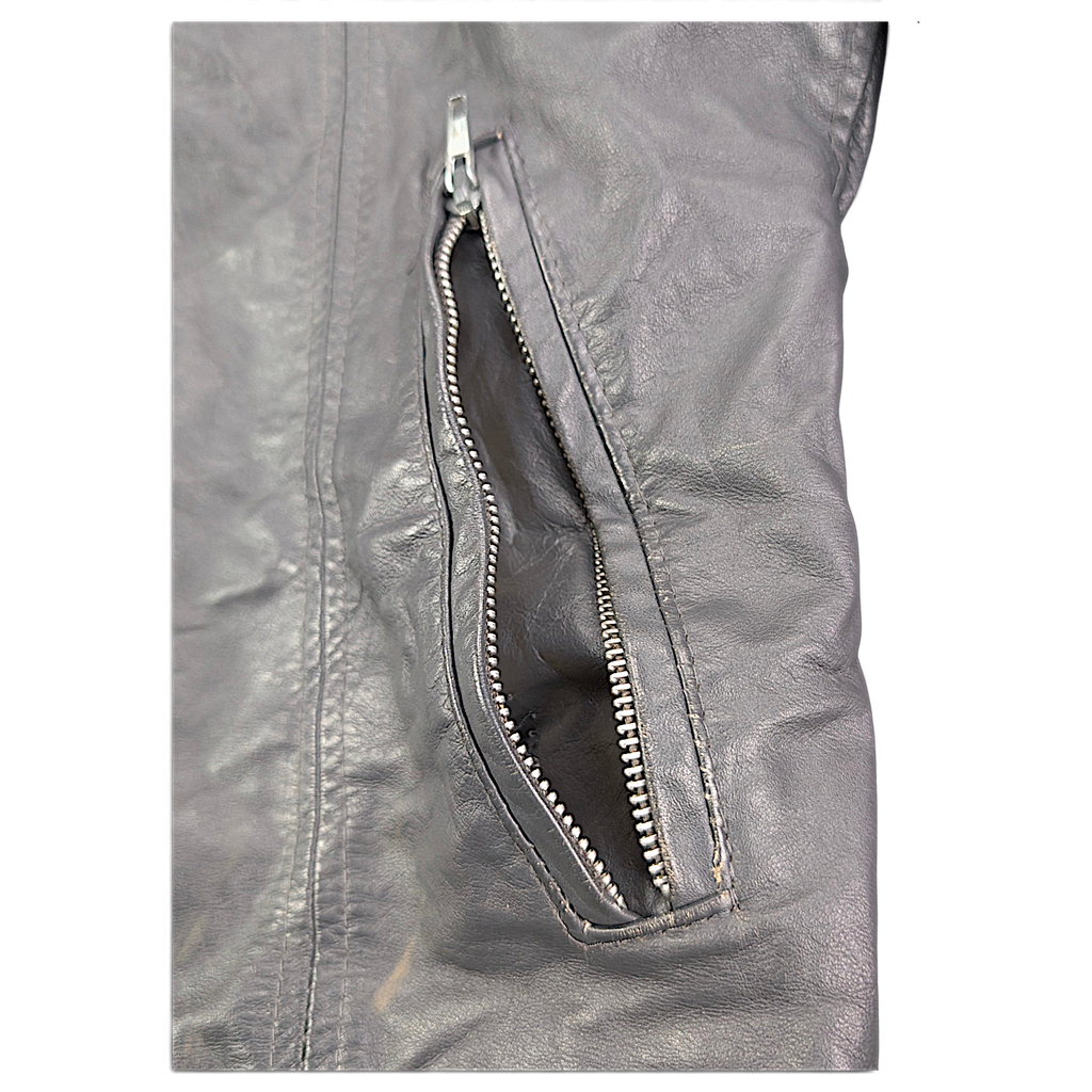 New Dimension Grey Genuine Leather Cafe Racer Jacket – 42 – zipped chest pocket.