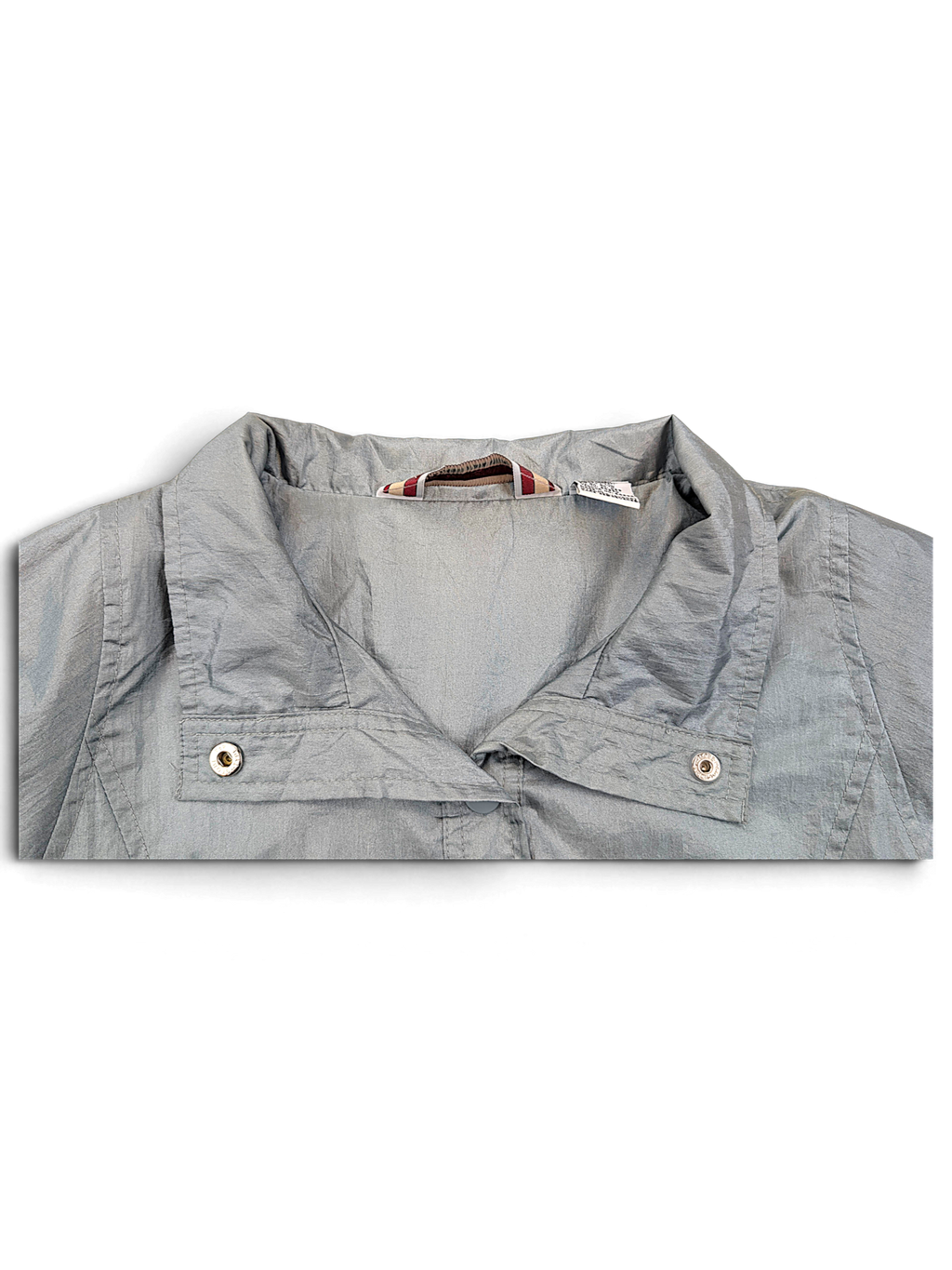 Tudor Court Light Grey Snap Front Jacket; Fold-down collar and snap detail.