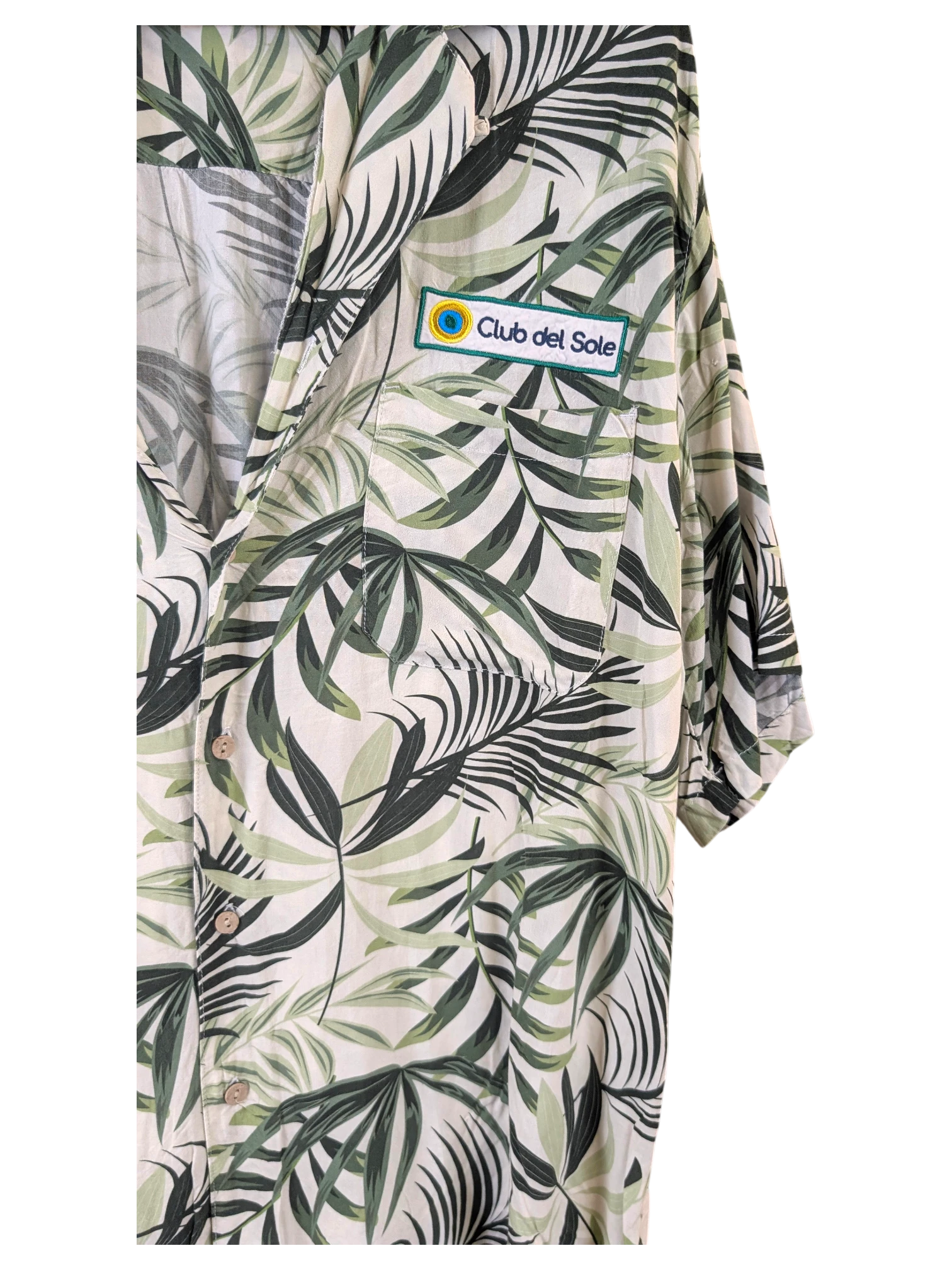 JAKE & IPI Gary's Hawaiian shirt in white with green palm leaf print, featuring a Club del Sole chest patch.