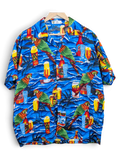 JAKE & IPI V.H.O Hawaiian shirt featuring a vibrant blue tropical print with parrots, palm trees, and beer glasses.