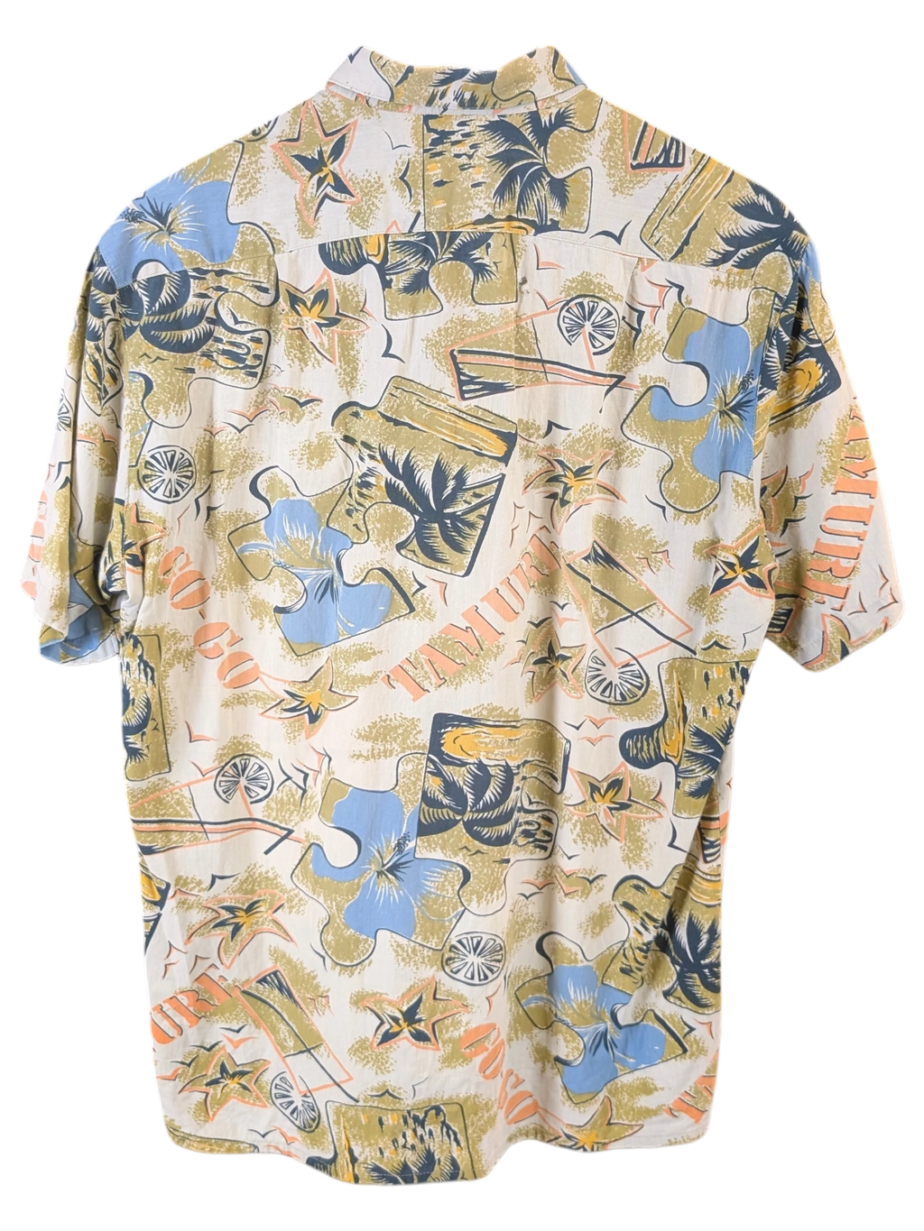 JAKE & IPI Primo SportsWear Hawaiian shirt in cream with a blue and orange tropical puzzle piece print
