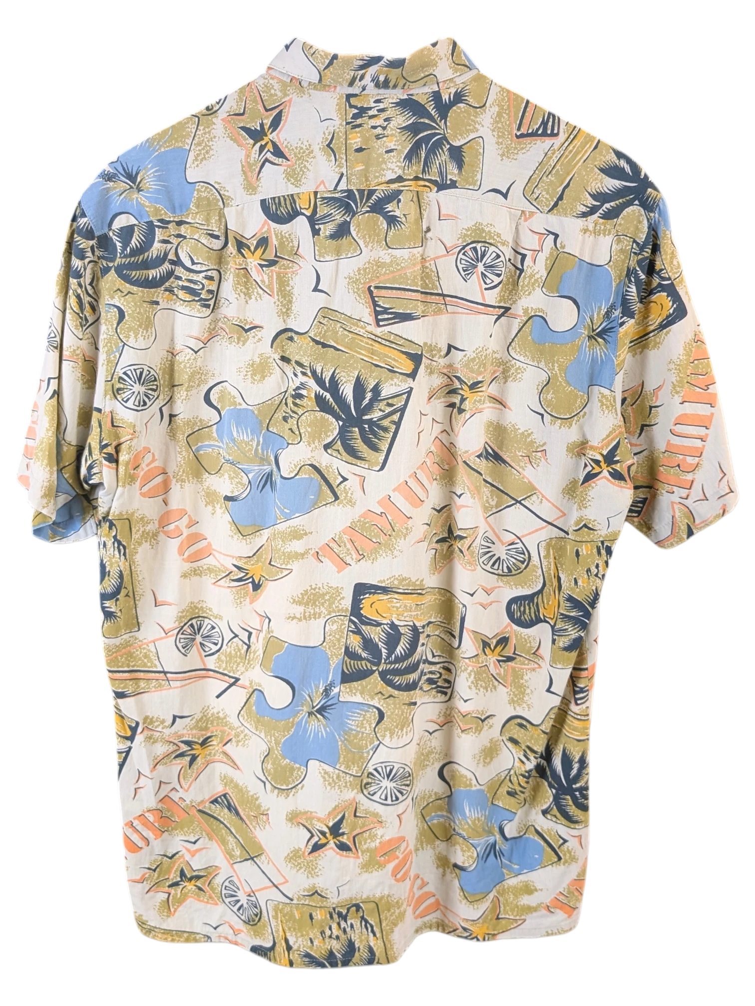 JAKE & IPI Primo SportsWear Hawaiian shirt in cream with a blue and orange tropical puzzle piece print