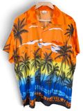 JAKE & IPI King Kahema Hawaiian shirt featuring a vibrant orange, yellow, and blue sunset palm tree beach print.