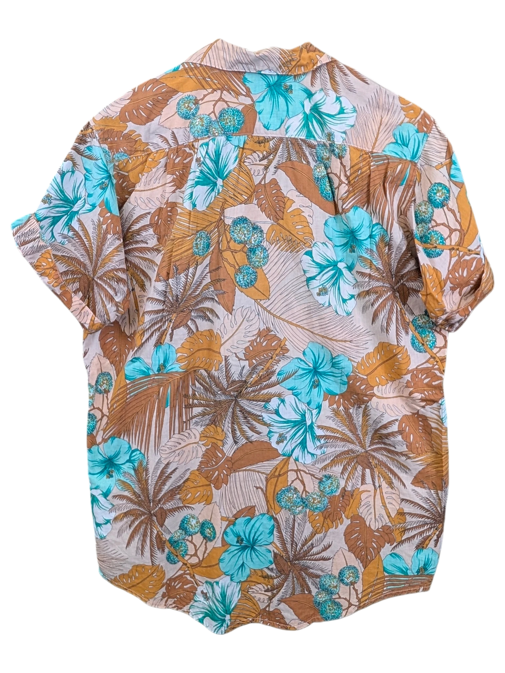 JAKE & IPI Hawaiian shirt featuring a tropical print with turquoise hibiscus flowers and brown palm leaves