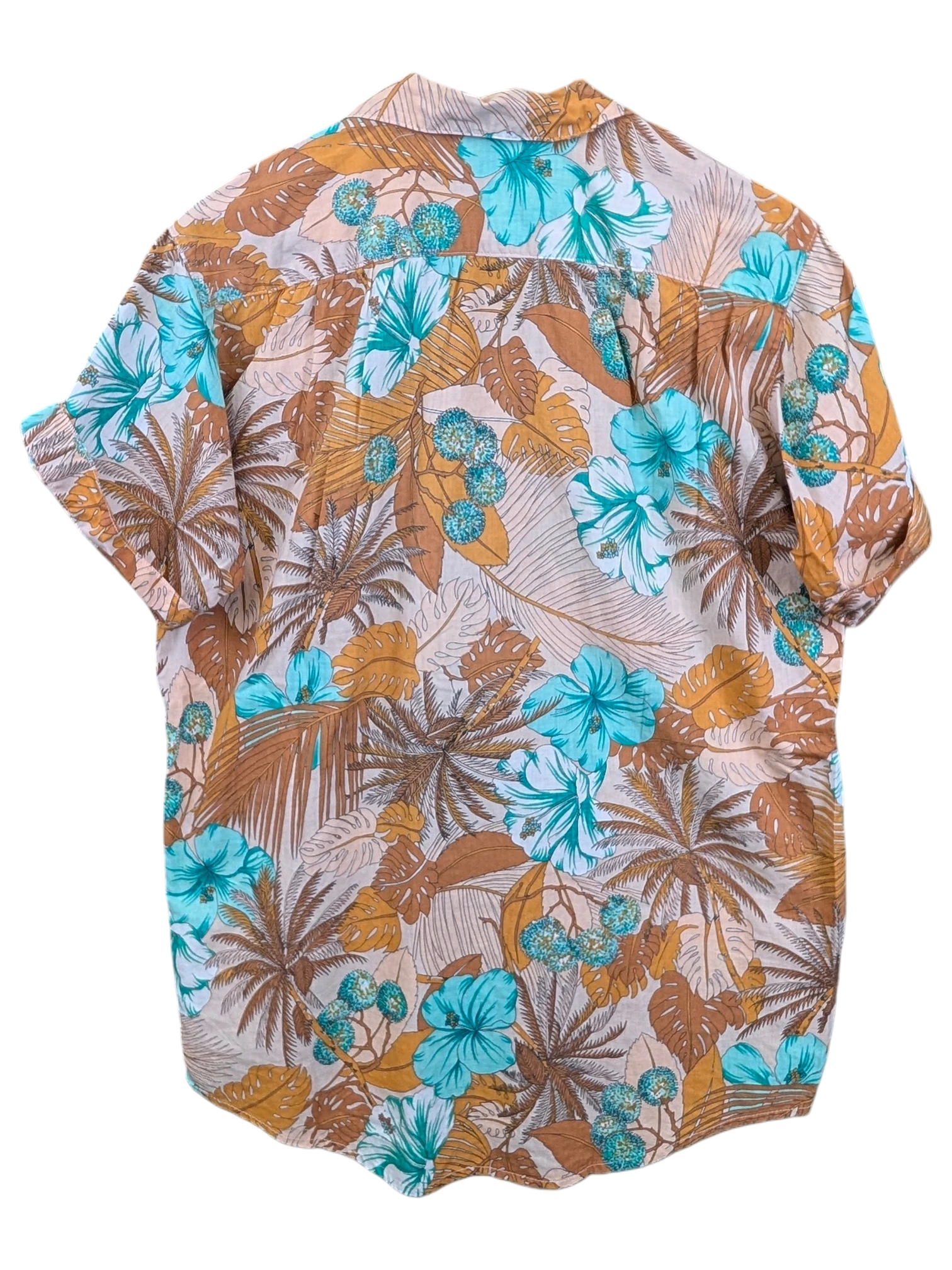 JAKE & IPI Hawaiian shirt featuring a tropical print with turquoise hibiscus flowers and brown palm leaves