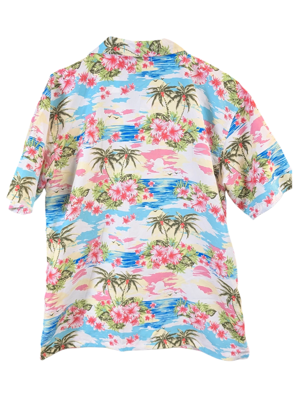 JAKE & IPI Hawaiian shirt featuring a vibrant tropical print with palm trees and pink hibiscus flowers on white