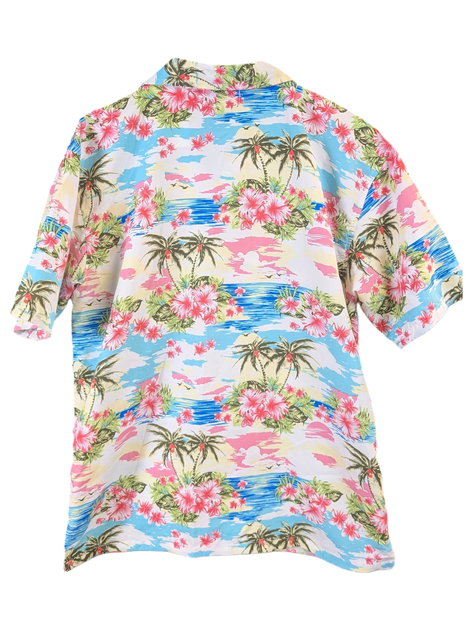 JAKE & IPI Hawaiian shirt featuring a vibrant tropical print with palm trees and pink hibiscus flowers on white