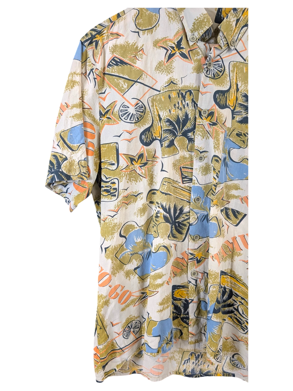 JAKE & IPI Primo SportsWear Hawaiian shirt featuring a vintage-style tropical print in olive, blue, and orange tones.