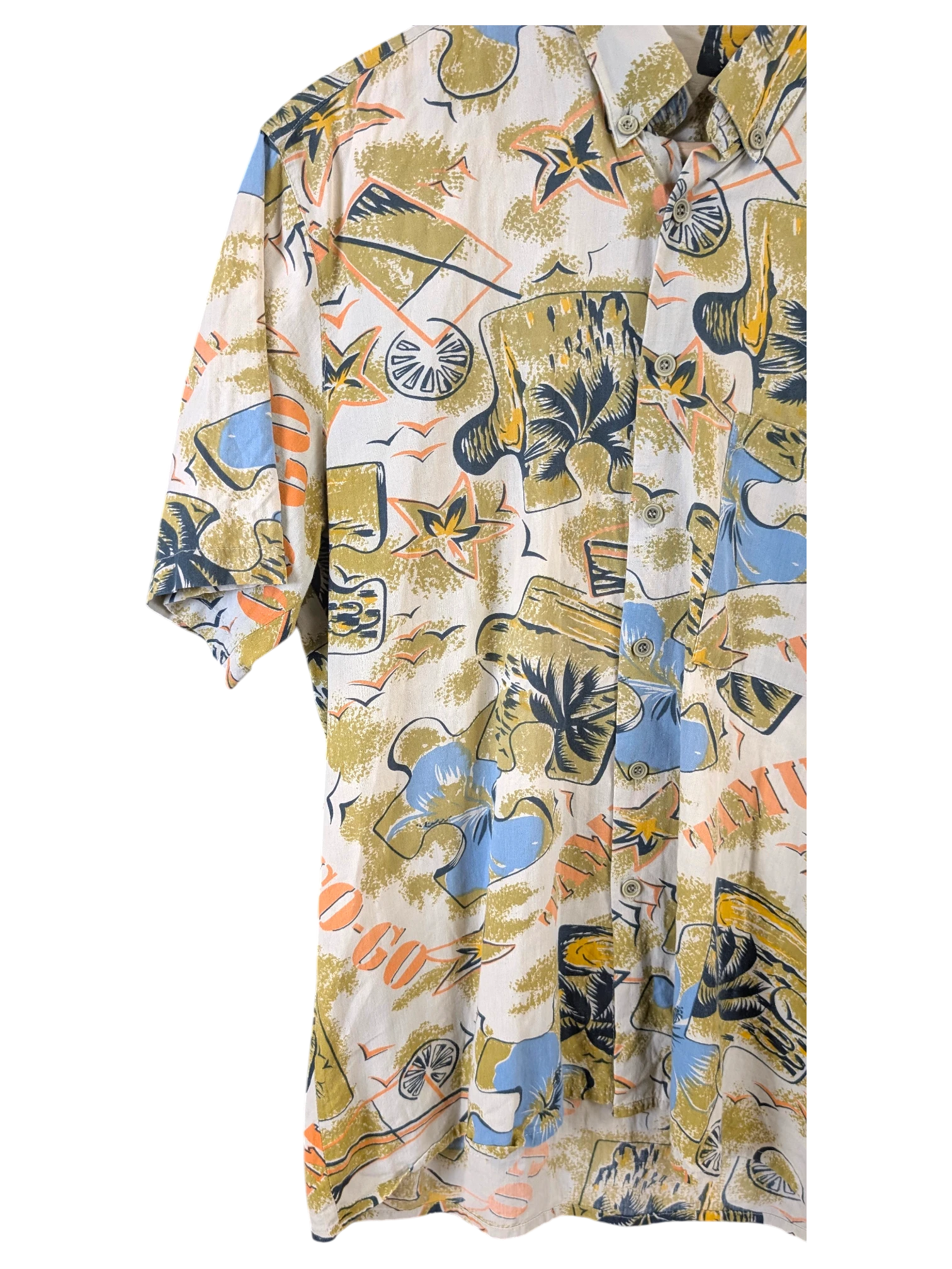 JAKE & IPI Primo SportsWear Hawaiian shirt featuring a vintage-style tropical print in olive, blue, and orange tones.