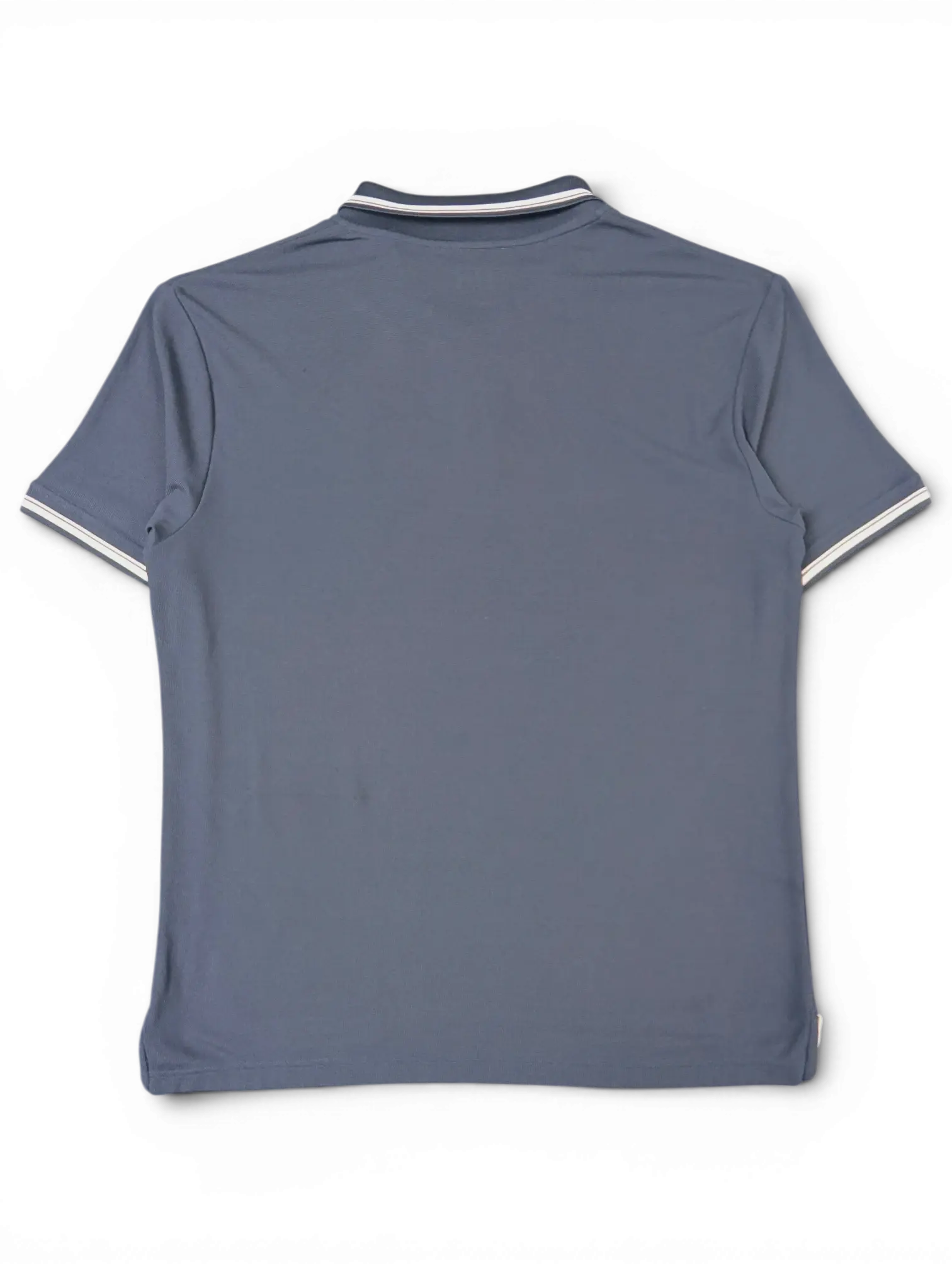 JAKE & IPI pre-owned navy blue Helly Hansen polo shirt with white striped trim on collar and sleeves, back view.