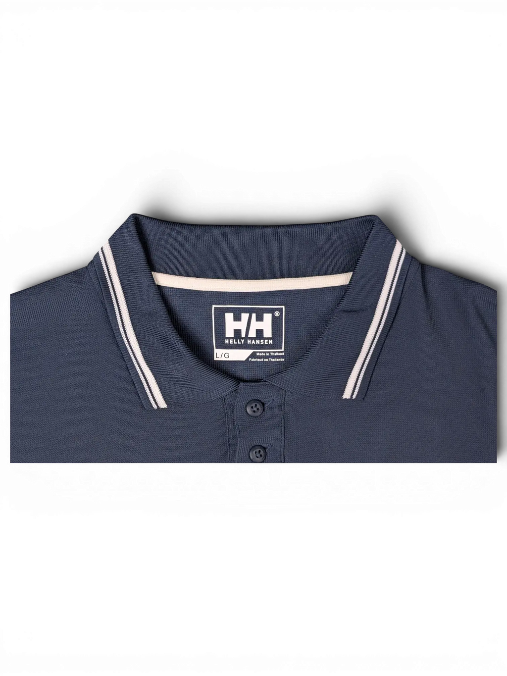 JAKE & IPI pre-owned navy Helly Hansen polo shirt with white striped collar trim and chest logo