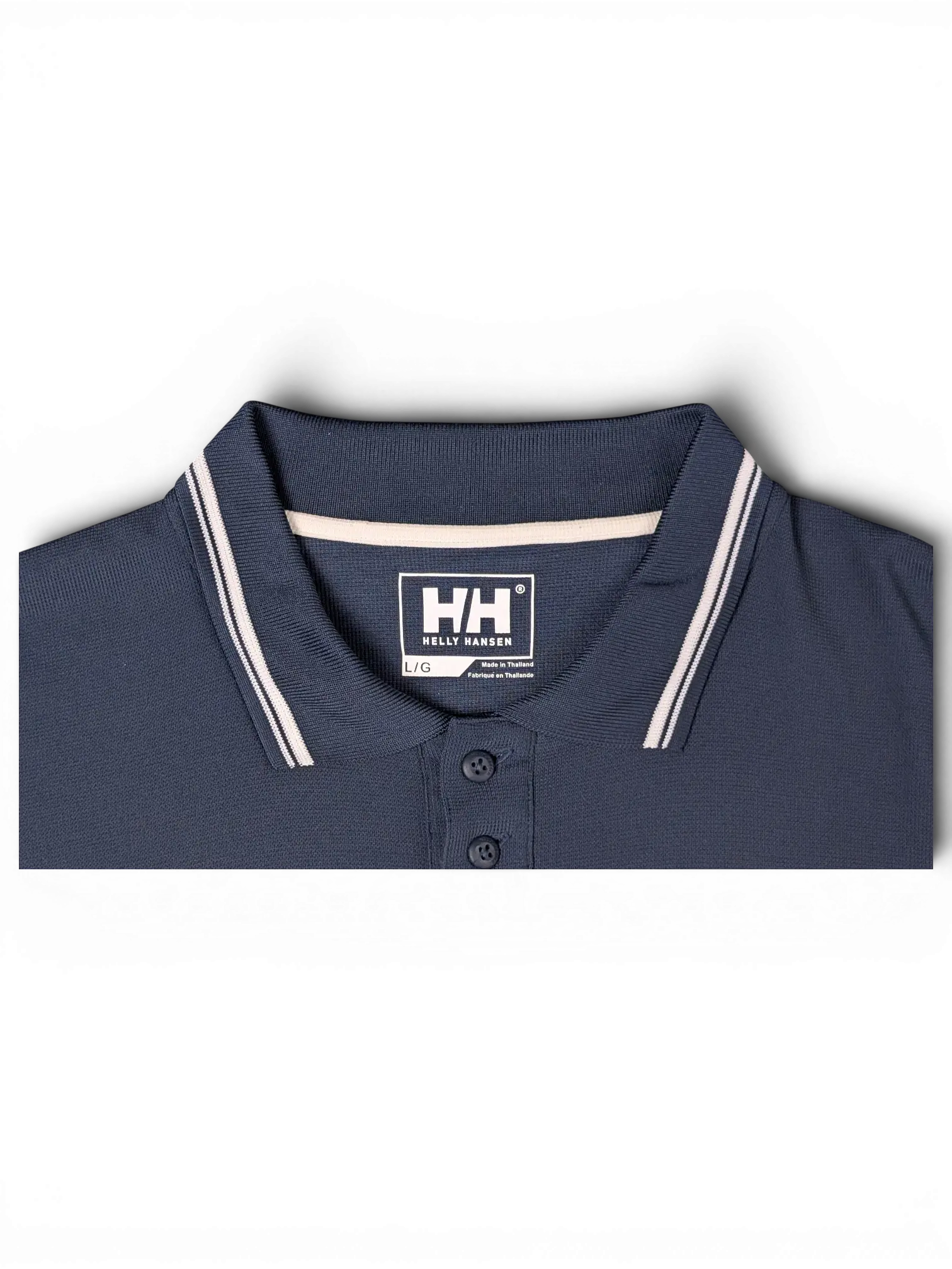 JAKE & IPI pre-owned navy Helly Hansen polo shirt with white striped collar trim and chest logo