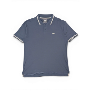 JAKE & IPI pre-owned navy Helly Hansen polo shirt with white striped trim and embroidered HH logo on the chest.