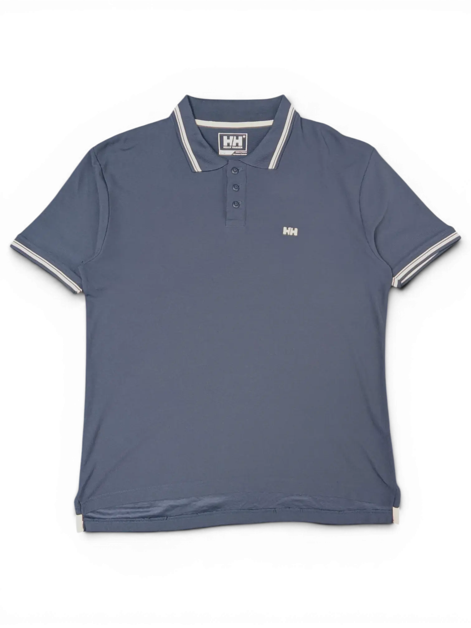 JAKE & IPI pre-owned navy Helly Hansen polo shirt with white striped trim and embroidered HH logo on the chest.