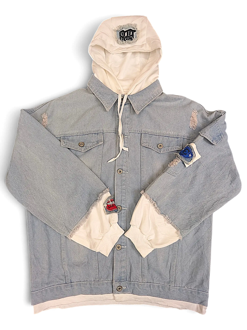 JAKE & IPI hooded denim jacket in light blue with distressed details, white jersey hood, and graphic sleeve patches.