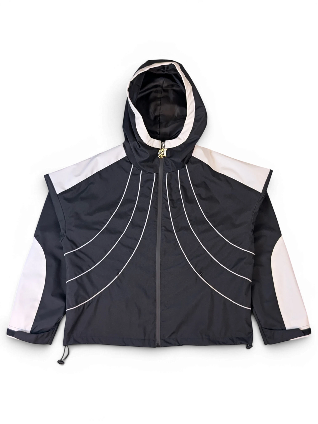 JAKE & IPI IBE Elenyor black and white hooded jacket with curved white piping detail and front zip closure