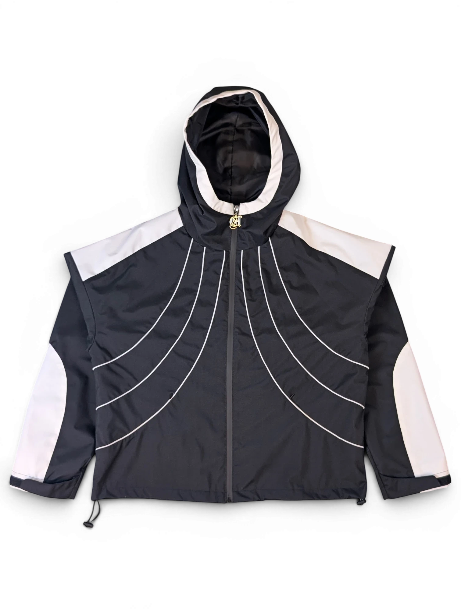JAKE & IPI IBE Elenyor black and white hooded jacket with curved white piping detail and front zip closure