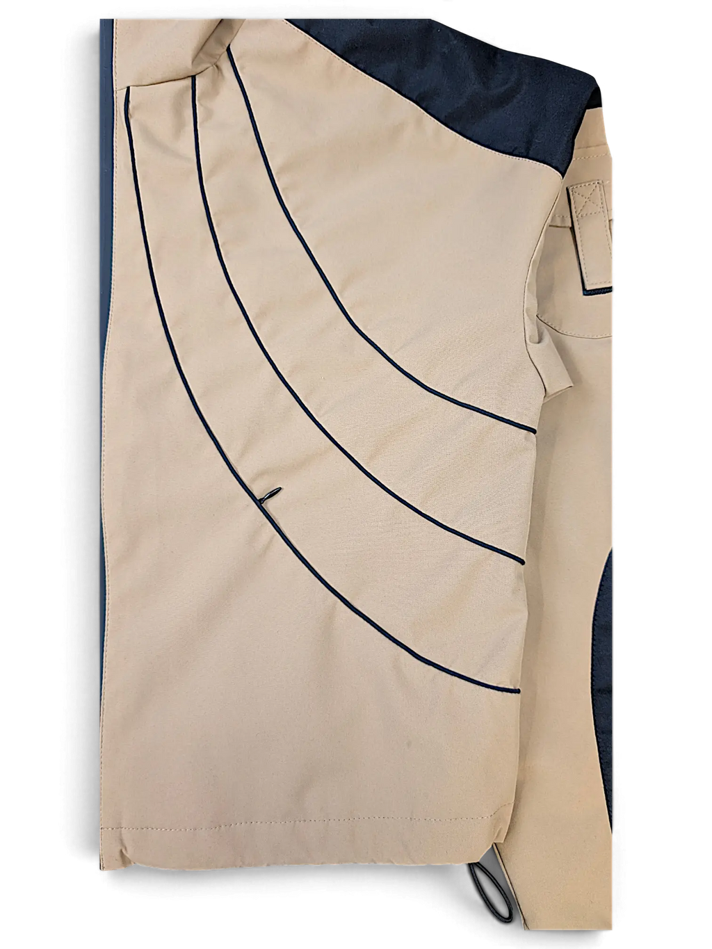 JAKE & IPI IBE Elenyor brown jacket and pants set featuring curved navy blue piping details and structured fabric.