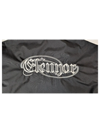 JAKE & IPI black IBE Elenyor jacket featuring white gothic-style embroidered logo lettering on the back