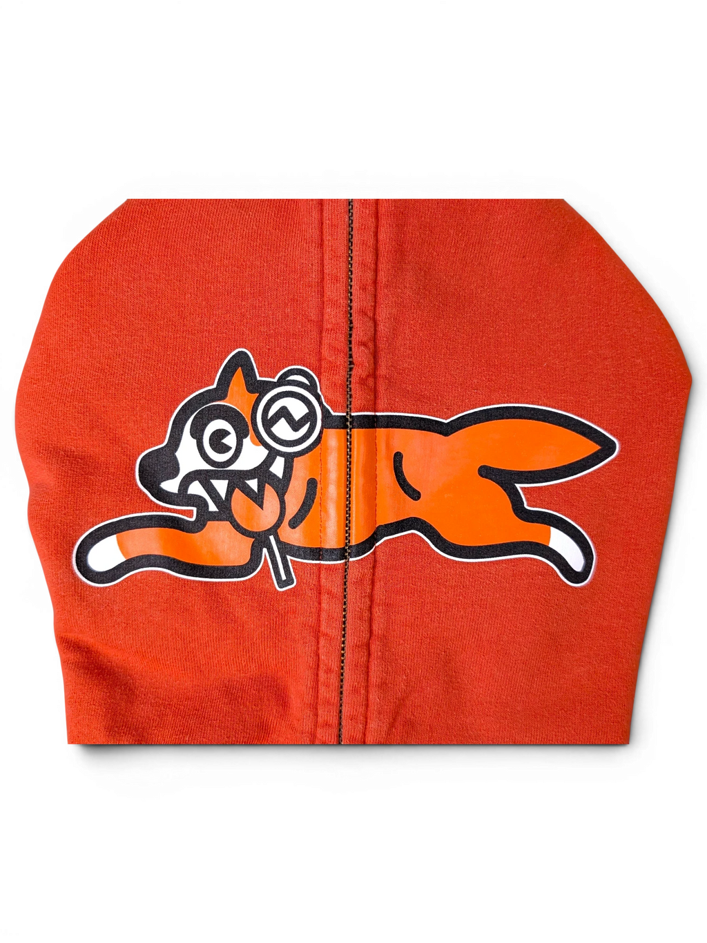 JAKE & IPI Icecream zip hoodie in orange featuring a graphic running dog logo with a lollipop on the chest