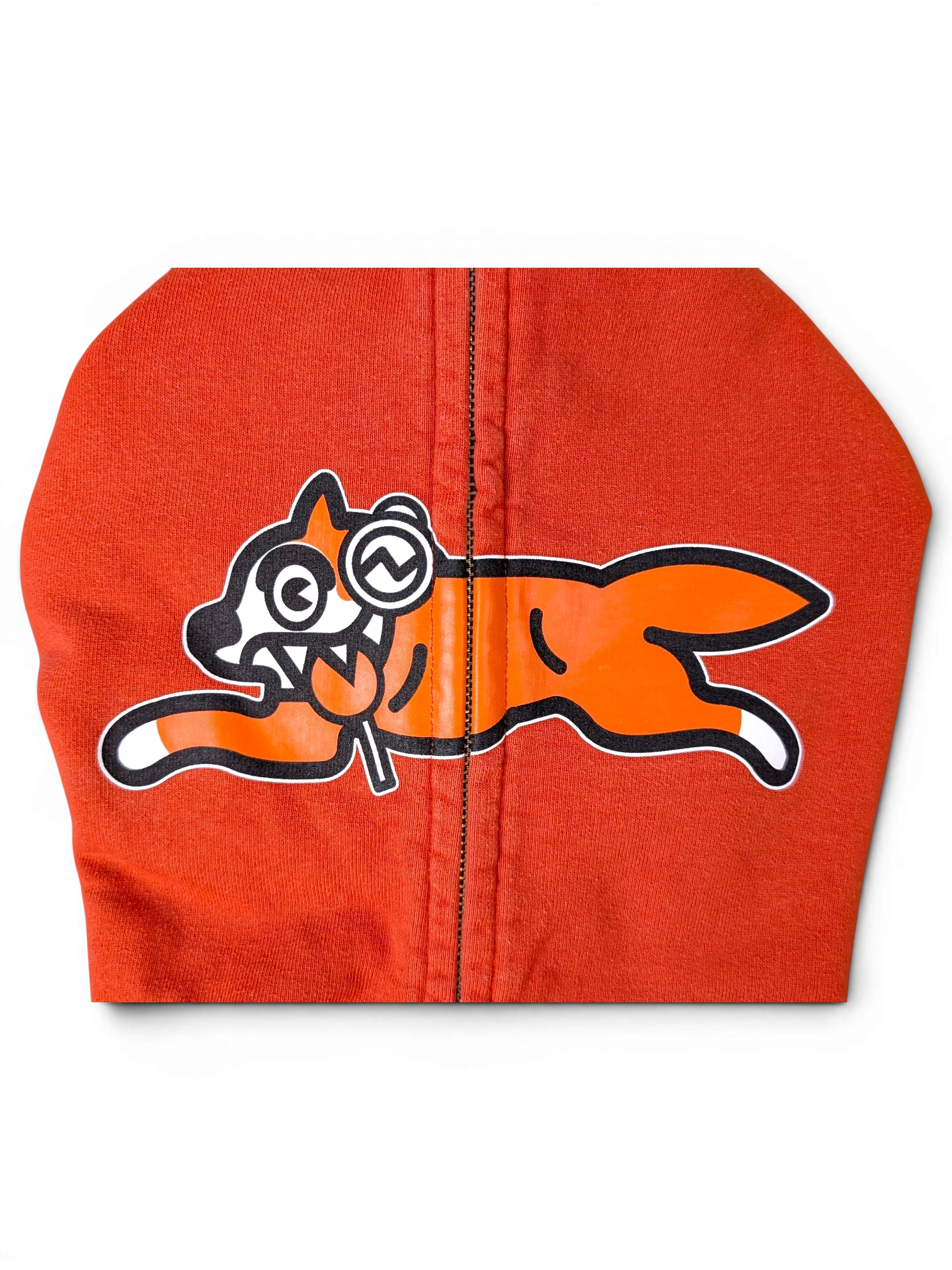JAKE & IPI Icecream zip hoodie in orange featuring a graphic running dog logo with a lollipop on the chest