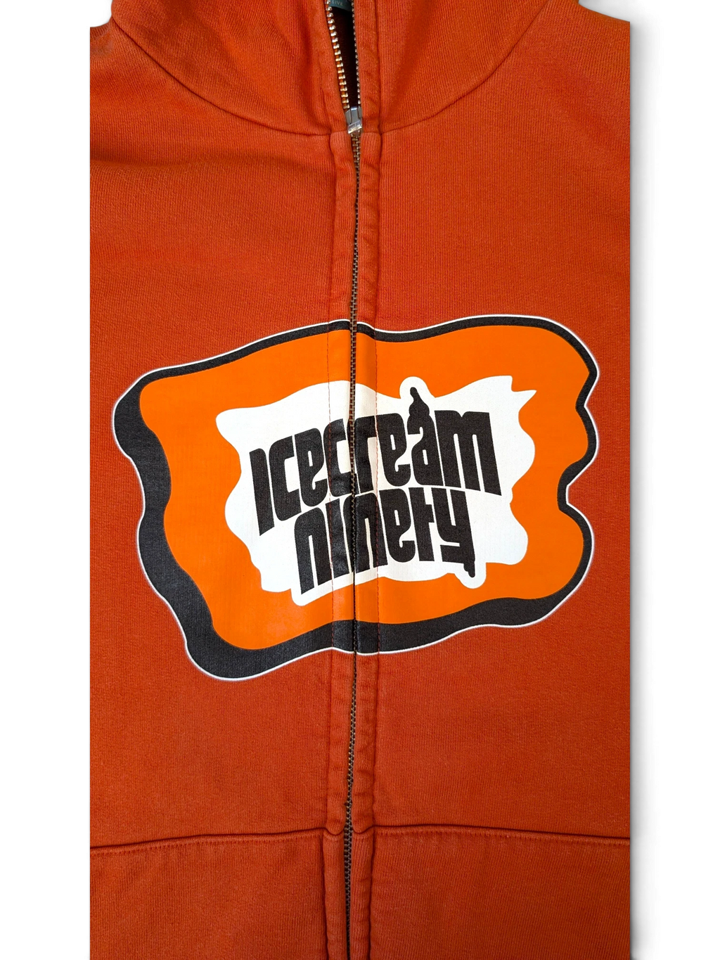 JAKE & IPI Icecream zip hoodie in burnt orange featuring a bold graphic logo print on the front