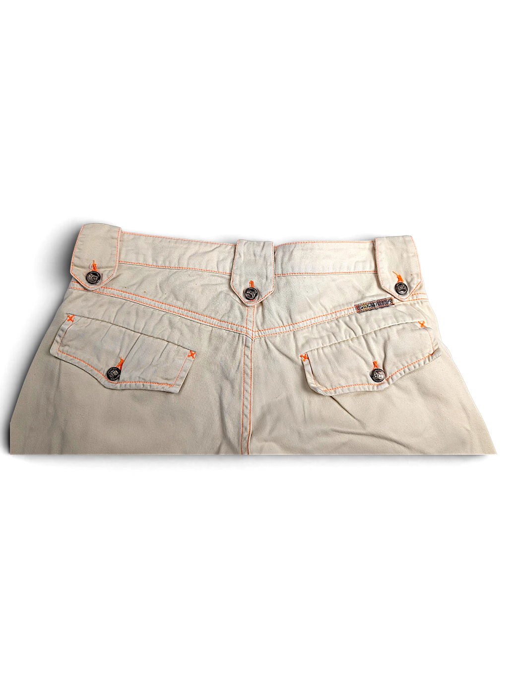 JAKE & IPI Indian Rose white cotton cargo pants with orange contrast stitching and buttoned utility back pockets