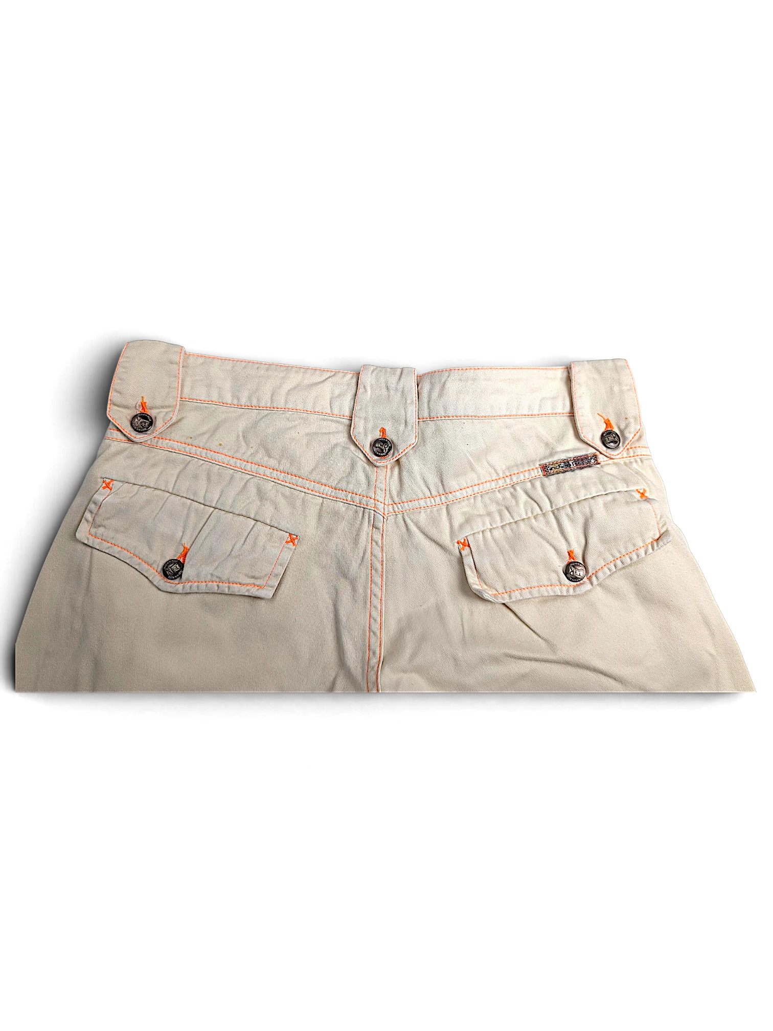 JAKE & IPI Indian Rose white cotton cargo pants with orange contrast stitching and buttoned utility back pockets