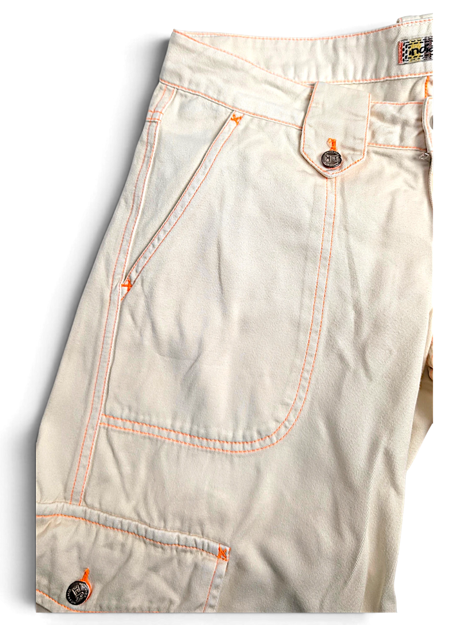 JAKE & IPI Indian Rose white cotton cargo pants with orange contrast stitching and utility pocket detail