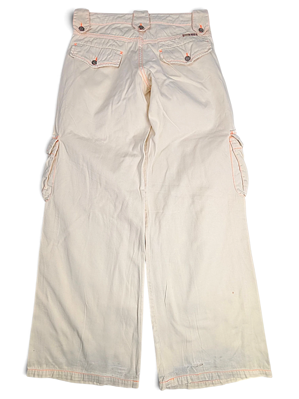 JAKE & IPI Indian Rose white cotton cargo pants with orange contrast stitching and wide-leg Y2K silhouette back view