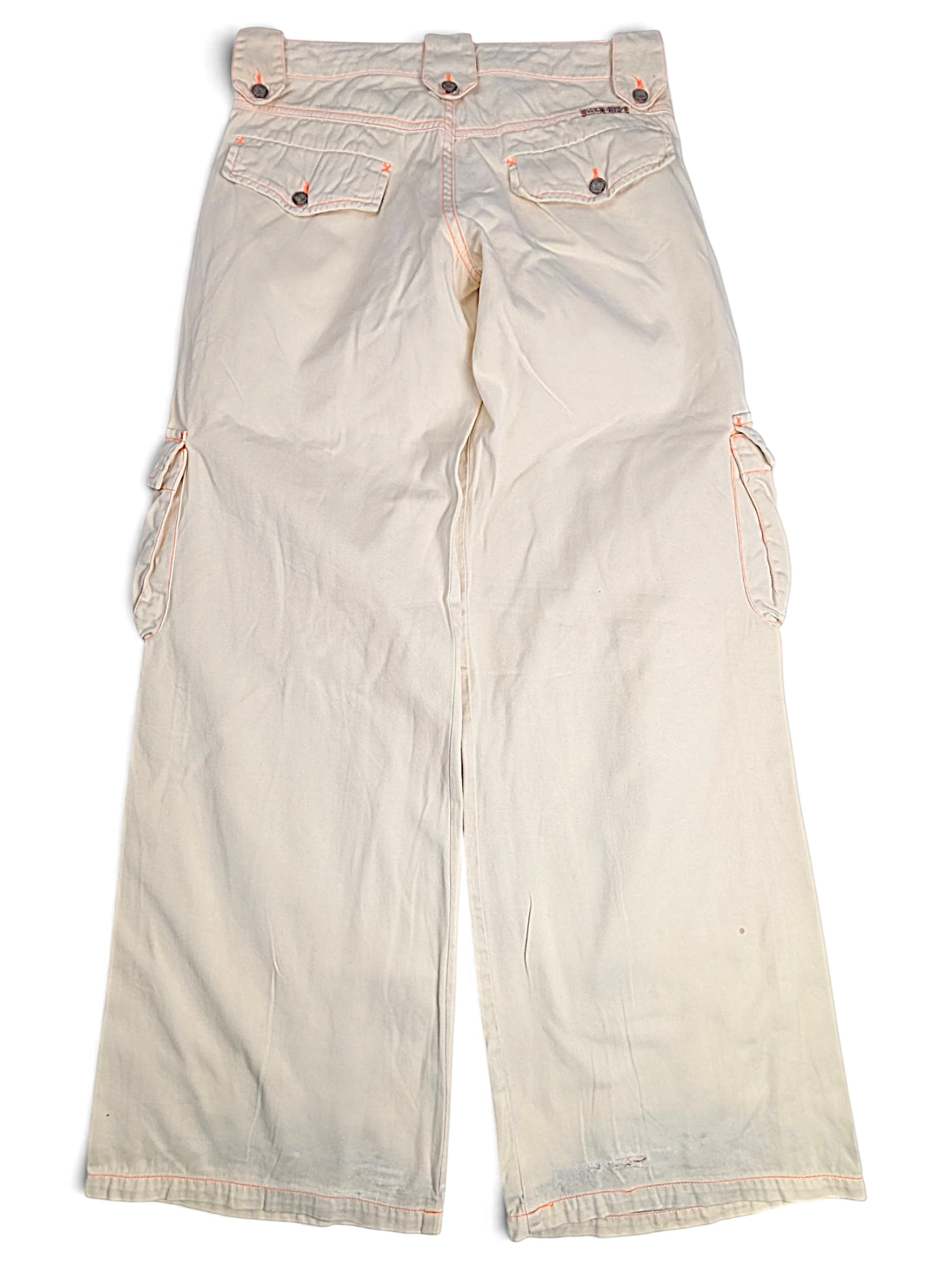 JAKE & IPI Indian Rose white cotton cargo pants with orange contrast stitching and wide-leg Y2K silhouette back view