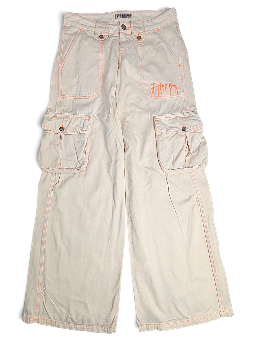 JAKE & IPI Indian Rose white wide-leg cargo pants with orange contrast stitching and utility pockets