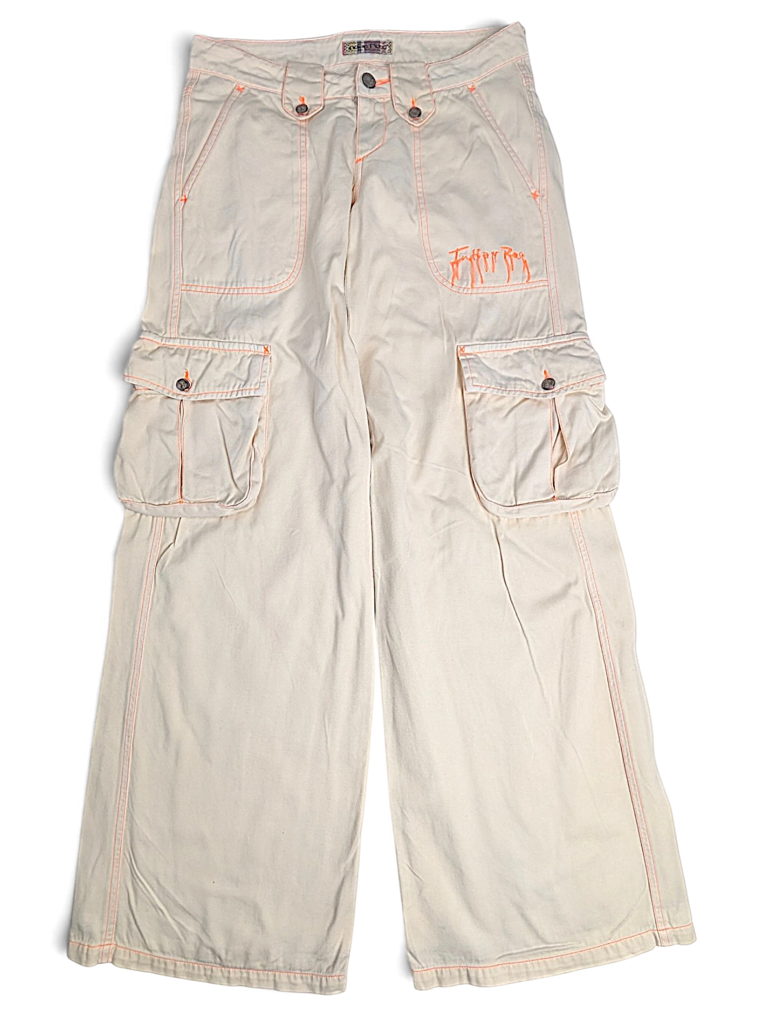 JAKE & IPI Indian Rose white wide-leg cargo pants with orange contrast stitching and utility pockets