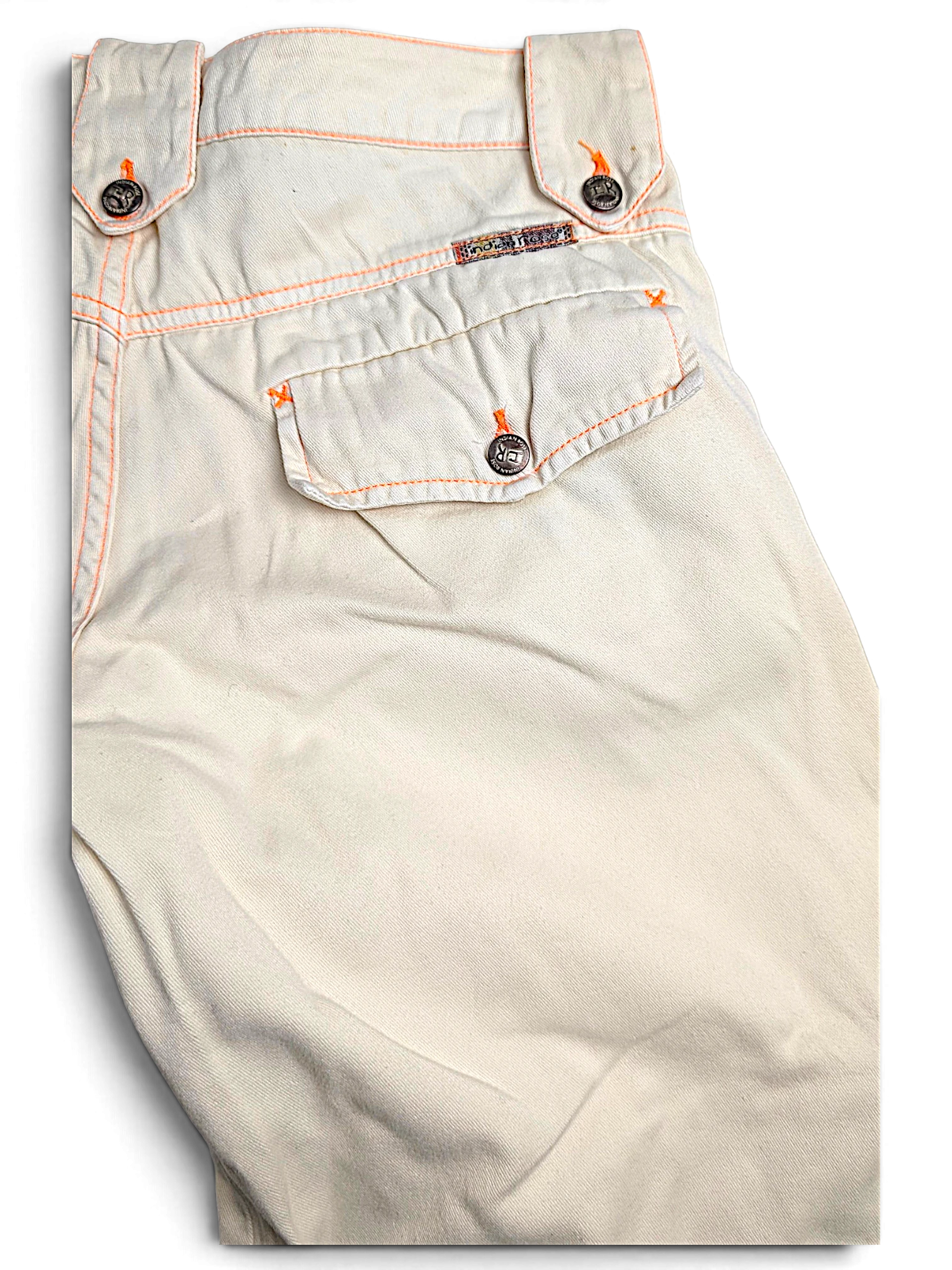 JAKE & IPI Indian Rose white cotton cargo pants with orange contrast stitching and utility pockets