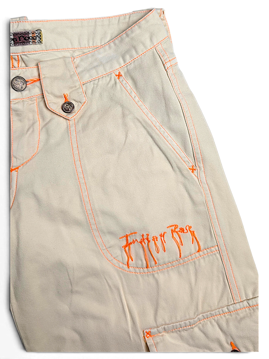 JAKE & IPI Indian Rose white cotton cargo pants with orange contrast stitching and embroidered logo detail