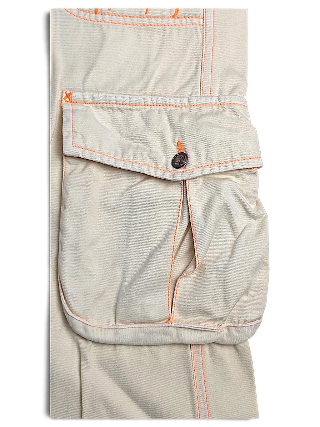 JAKE & IPI Indian Rose white cotton cargo pants with vibrant orange contrast stitching and utility pocket detail