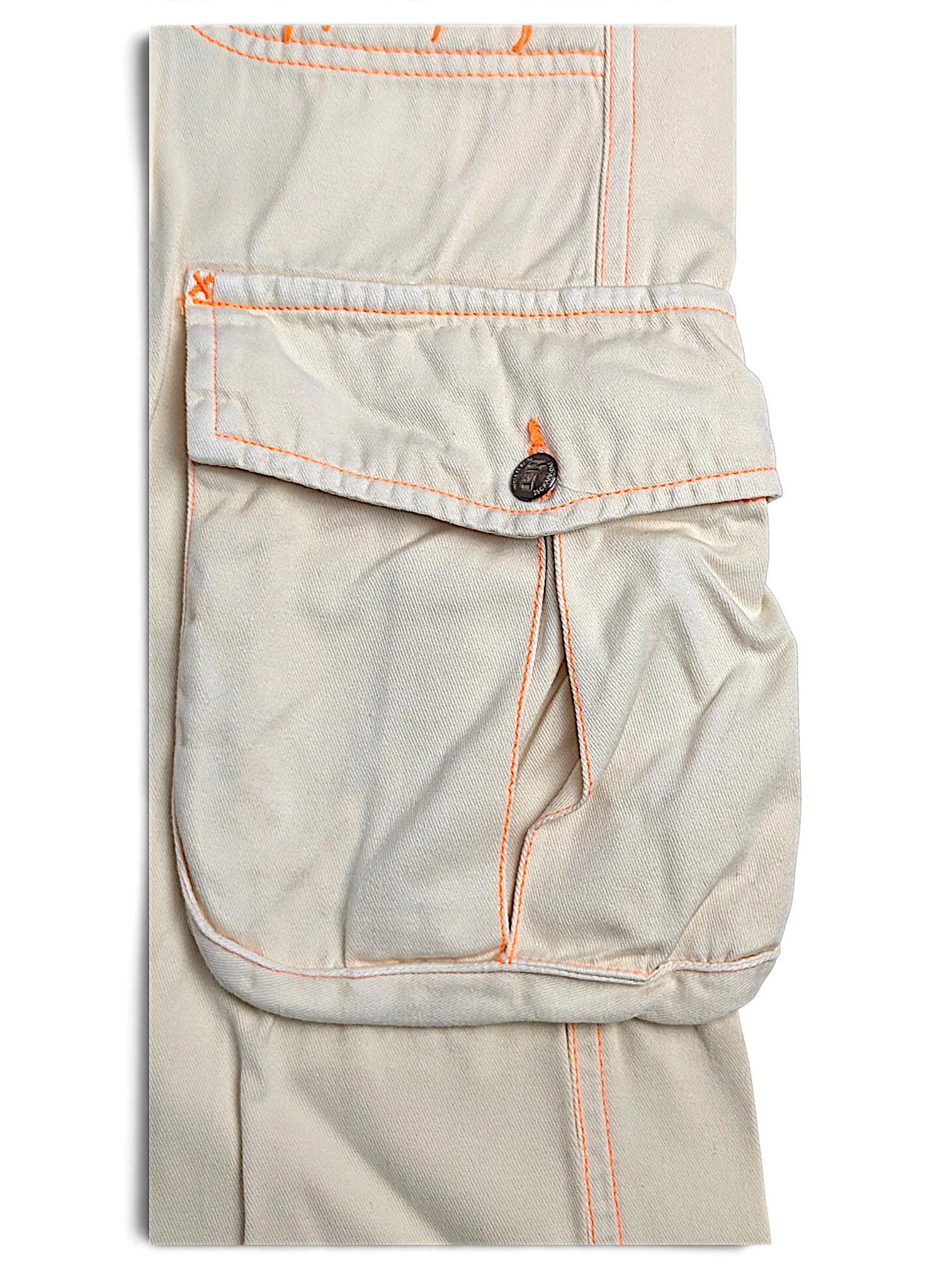 JAKE & IPI Indian Rose white cotton cargo pants with vibrant orange contrast stitching and utility pocket detail
