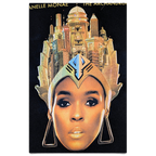 JAKE & IPI black cotton band t-shirt featuring a graphic print of Janelle Monáe with a futuristic city crown.