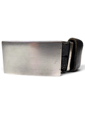 JAKE & IPI Jeans Fritz black leather belt featuring a large rectangular brushed metal buckle on a white surface