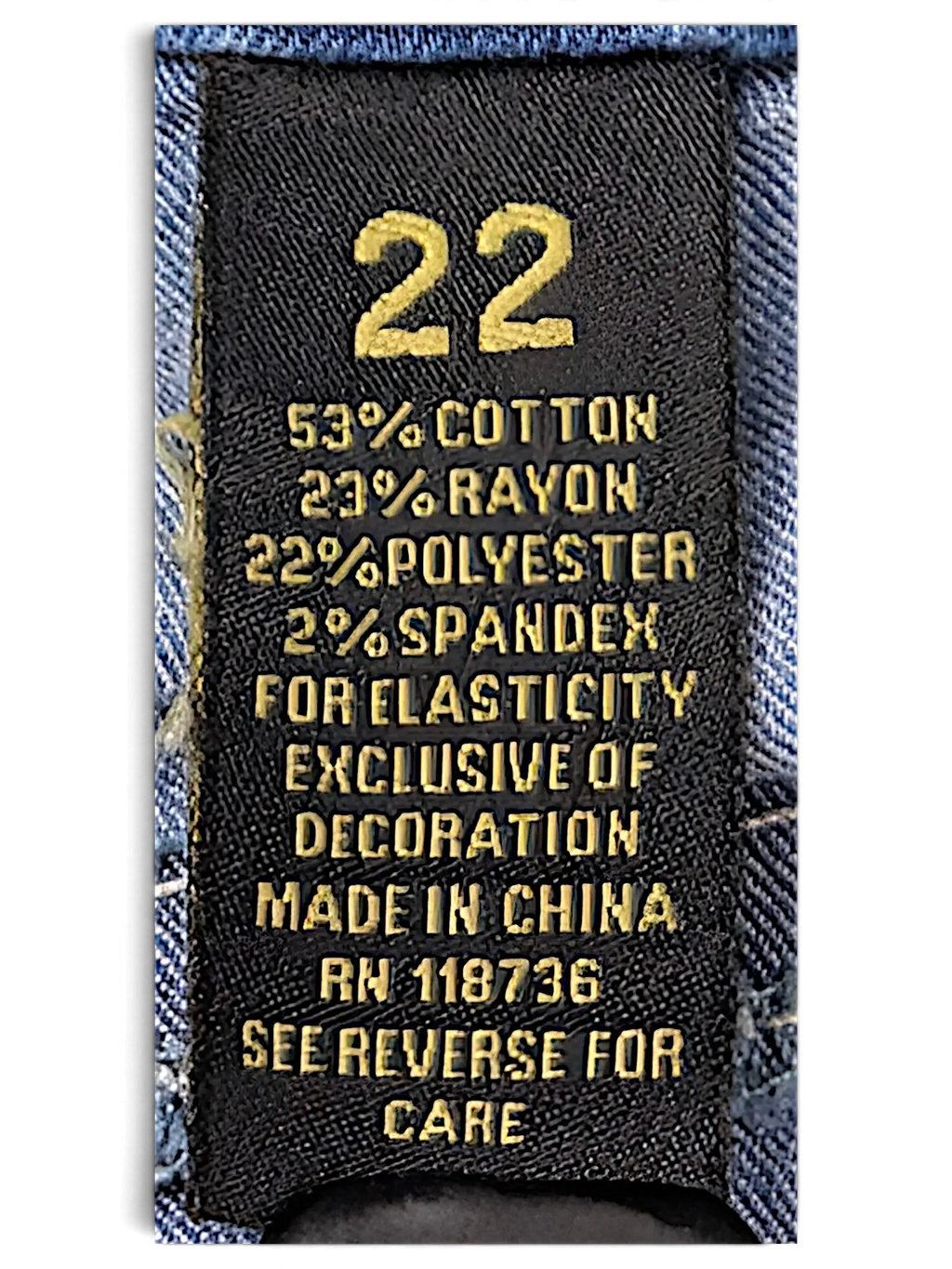 JAKE & IPI Love X Indigo Y2K jeans size 22 fabric content label showing cotton rayon polyester and spandex blend