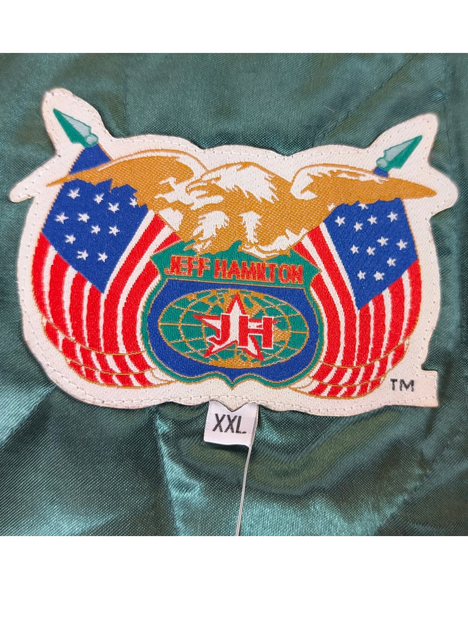 JAKE & IPI Jeff Hamilton varsity jacket interior lining with embroidered eagle and American flag patch in size XXL