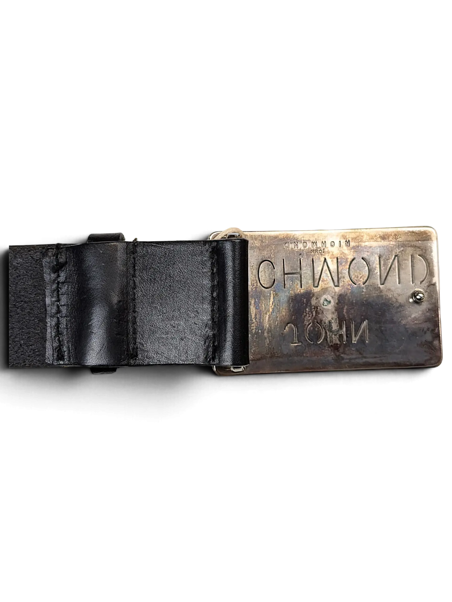 JAKE & IPI John Richmond black leather belt featuring a large rectangular silver-tone metal buckle with logo engraving