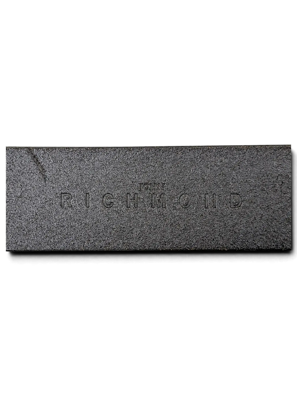 JAKE & IPI John Richmond black leather belt featuring an embossed logo detail on the textured strap