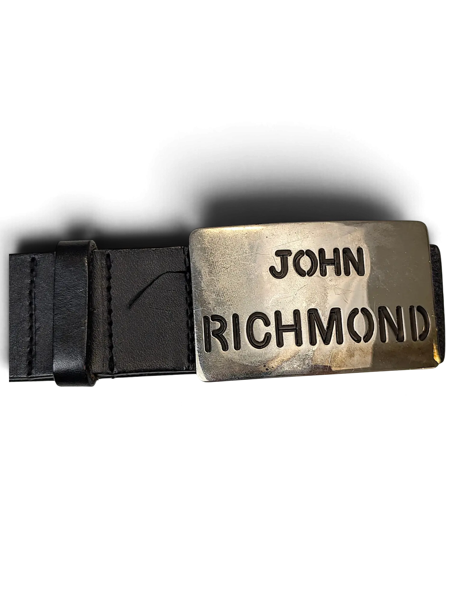 JAKE & IPI John Richmond black leather belt featuring a large rectangular silver metal buckle with engraved logo