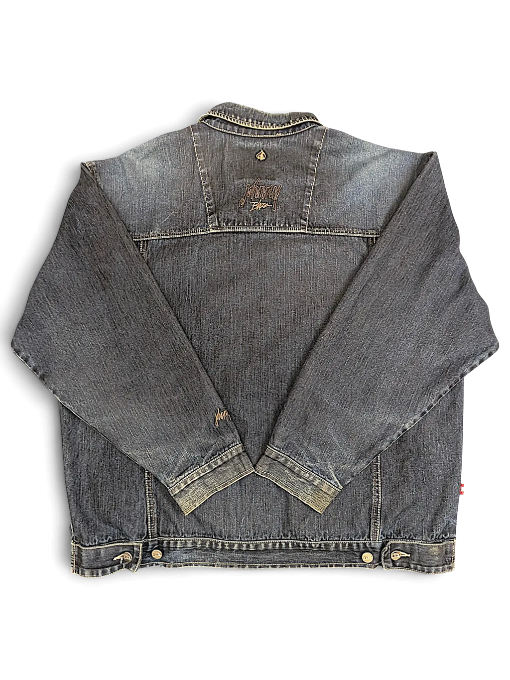 Back view of a JAKE & IPI Johnny Blaze denim jacket in dark blue wash with embroidered logo detailing.