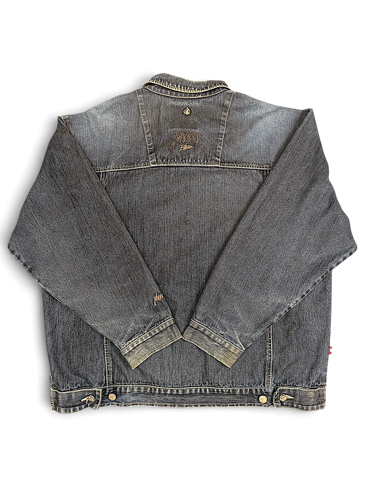 Back view of a JAKE & IPI Johnny Blaze denim jacket in dark blue wash with embroidered logo detailing.