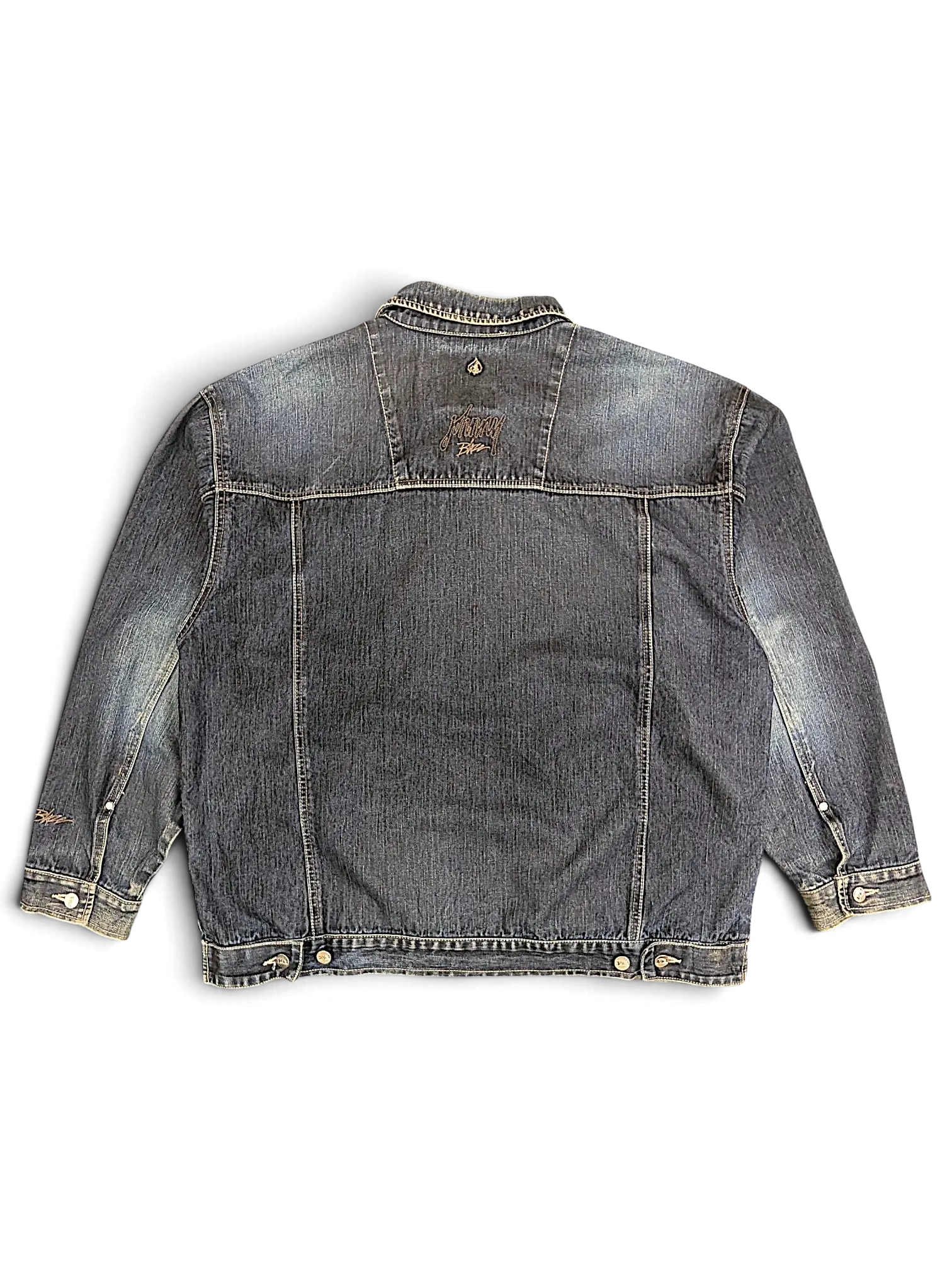 Back view of a JAKE & IPI Johnny Blaze denim jacket in a faded blue wash with embroidered branding on the yoke.