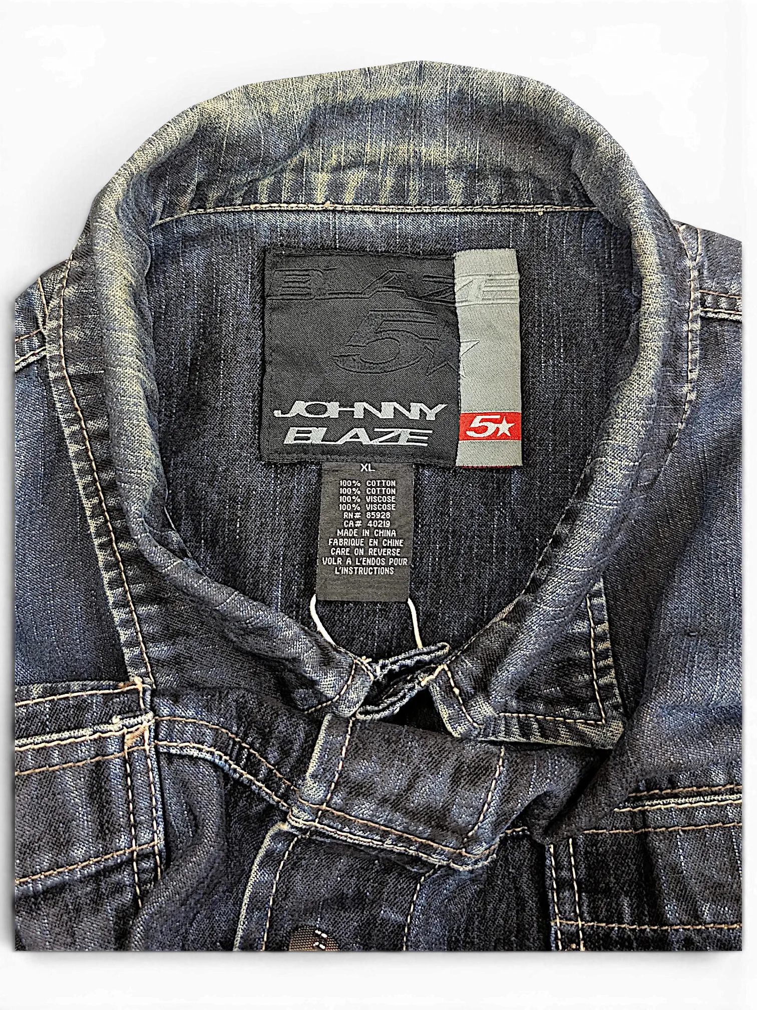 JAKE & IPI Johnny Blaze dark blue denim jacket with distressed collar and branded inner label